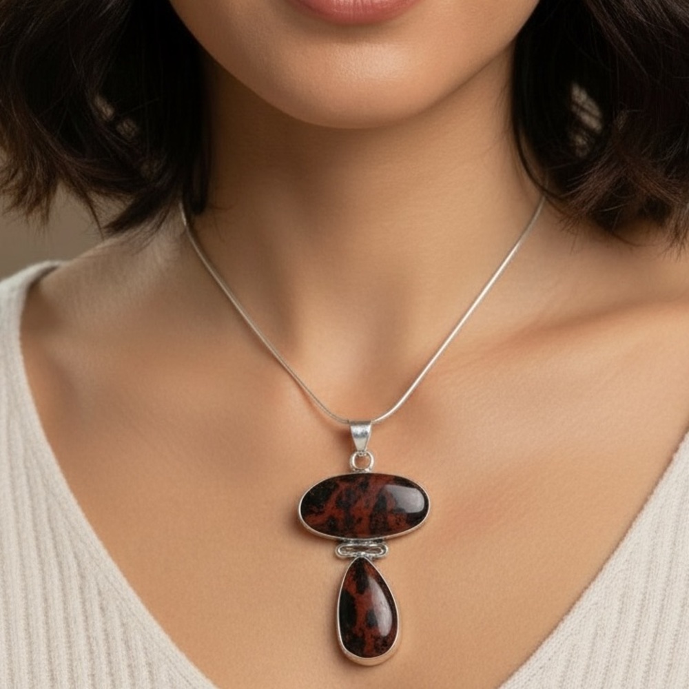 NWT Sterling Silver-Mahogany Obsidian
Ethnic Long Gemstone Pendant Jewelry